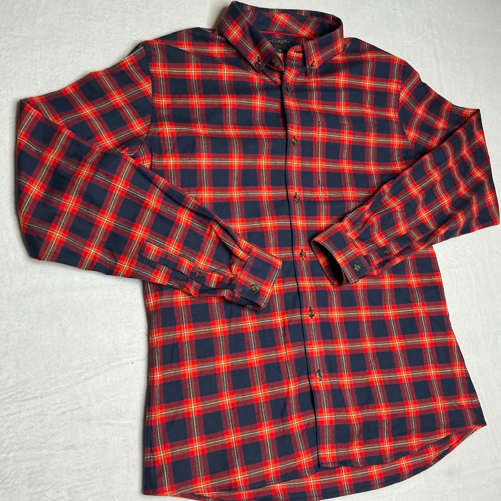 CRG Coastline Men's Red Navy Plaid Flannel Long‎ Sleeve Button Up Shirt Size L